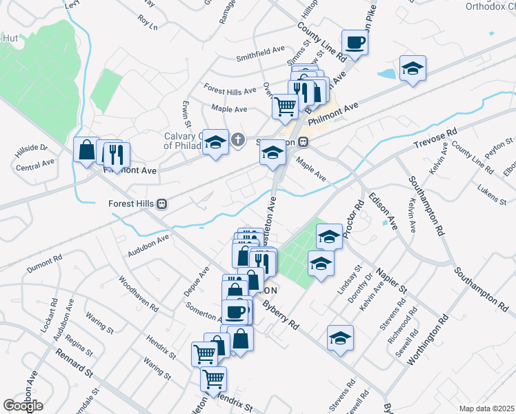 map of restaurants, bars, coffee shops, grocery stores, and more near 13512 Bustleton Avenue in Philadelphia