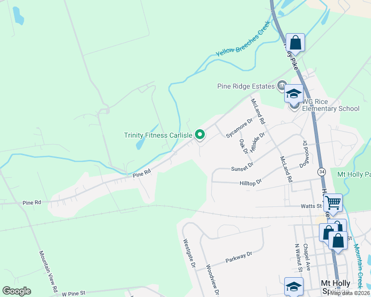 map of restaurants, bars, coffee shops, grocery stores, and more near 222 Pine Road in Mount Holly Springs