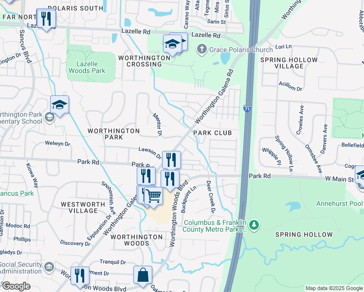 map of restaurants, bars, coffee shops, grocery stores, and more near 1511 Cross Club Drive in Westerville