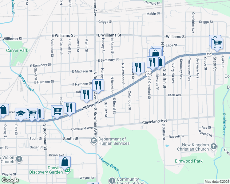 map of restaurants, bars, coffee shops, grocery stores, and more near 107-199 N Beard St in Danville