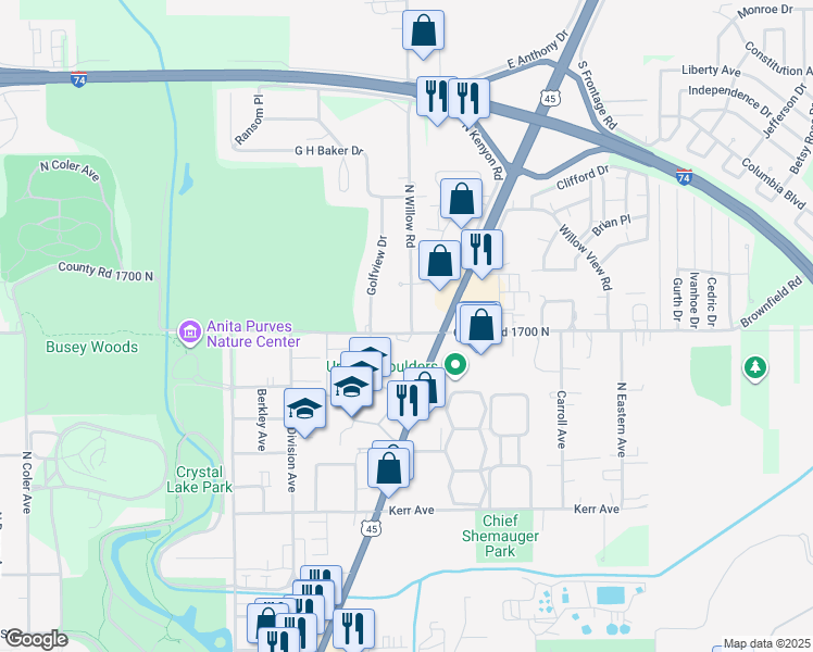 map of restaurants, bars, coffee shops, grocery stores, and more near 1605 North Willow Road in Urbana