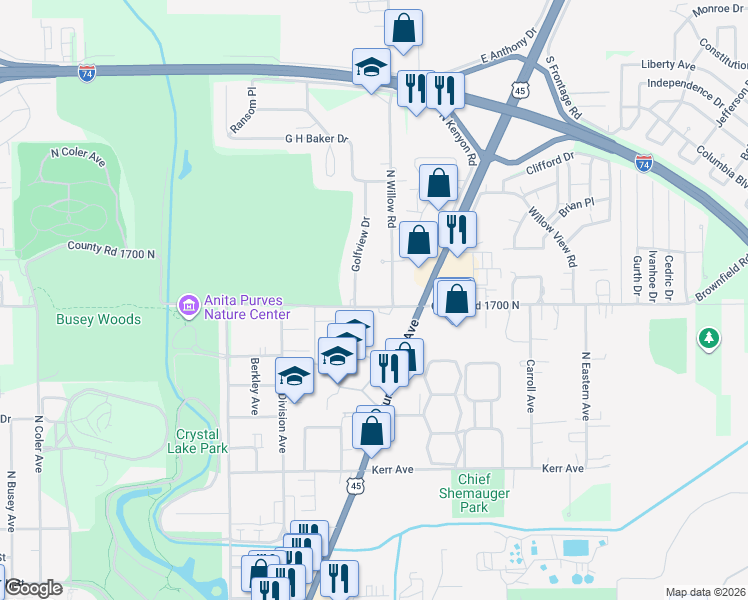 map of restaurants, bars, coffee shops, grocery stores, and more near 1605 North Willow Road in Urbana