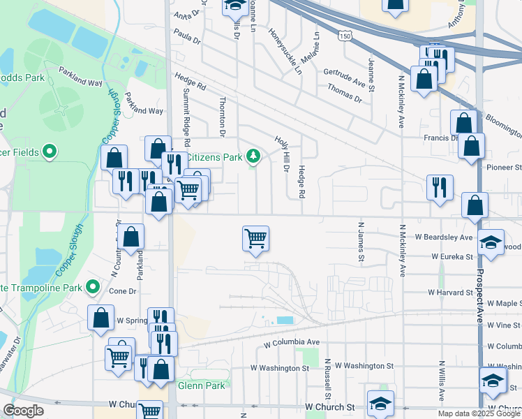 map of restaurants, bars, coffee shops, grocery stores, and more near 1207 Garden Hills Drive in Champaign