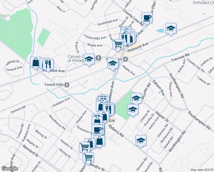 map of restaurants, bars, coffee shops, grocery stores, and more near 13512 Bustleton Avenue in Philadelphia