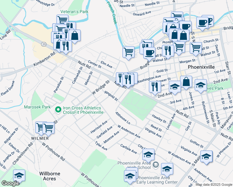 map of restaurants, bars, coffee shops, grocery stores, and more near 13 Cherry Street in Phoenixville