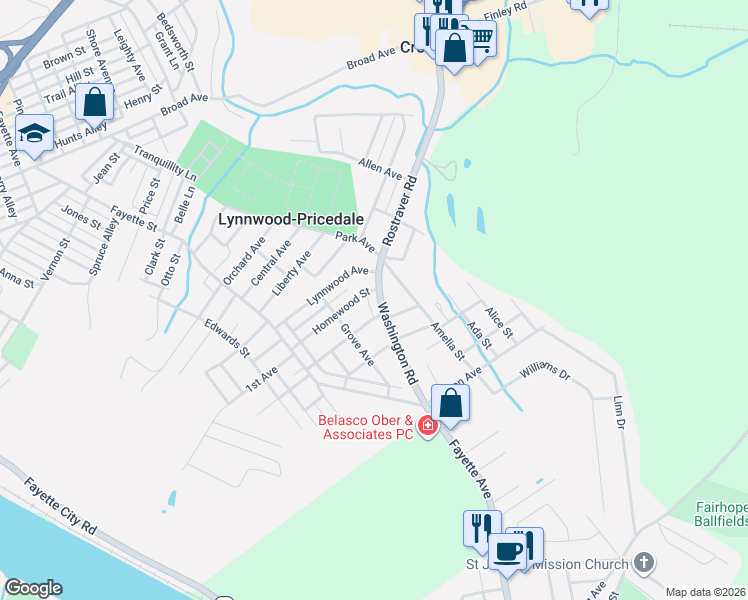 map of restaurants, bars, coffee shops, grocery stores, and more near 806 Washington Road in Belle Vernon
