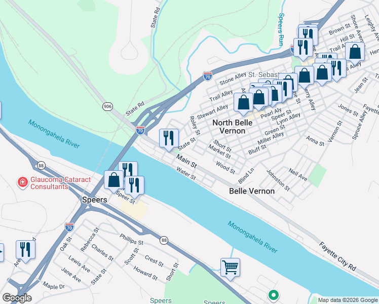 map of restaurants, bars, coffee shops, grocery stores, and more near 128 State Street in Belle Vernon