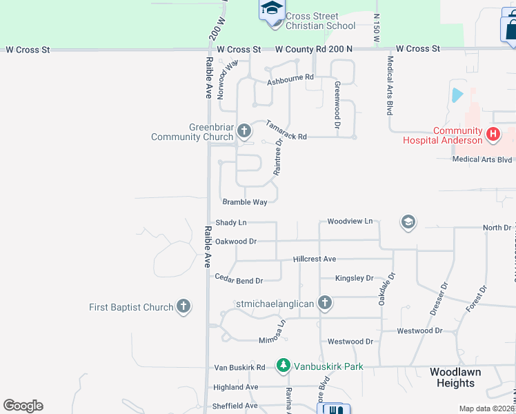 map of restaurants, bars, coffee shops, grocery stores, and more near 2303 Bramble Way in Anderson