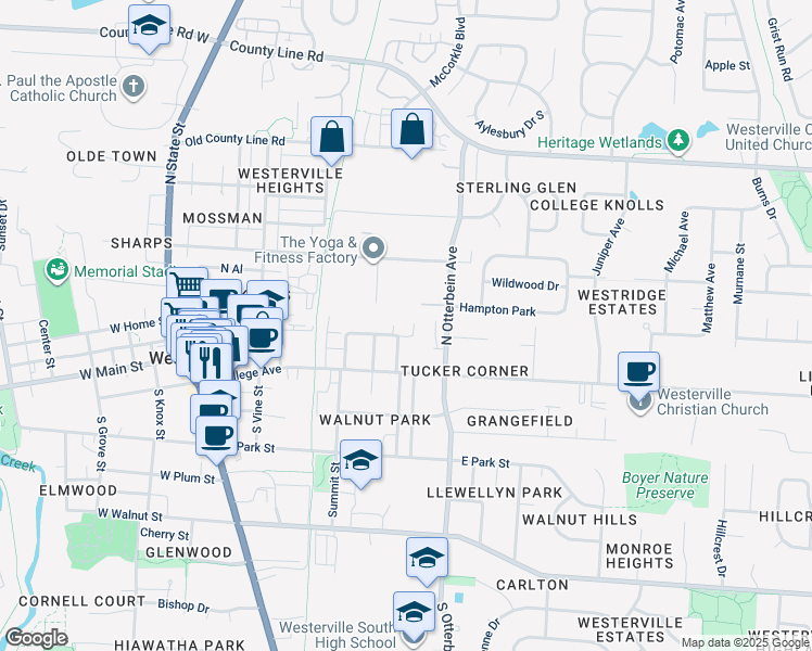 map of restaurants, bars, coffee shops, grocery stores, and more near 250 East Home Street in Westerville