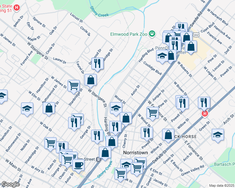 map of restaurants, bars, coffee shops, grocery stores, and more near 1310 Harding Boulevard in Norristown