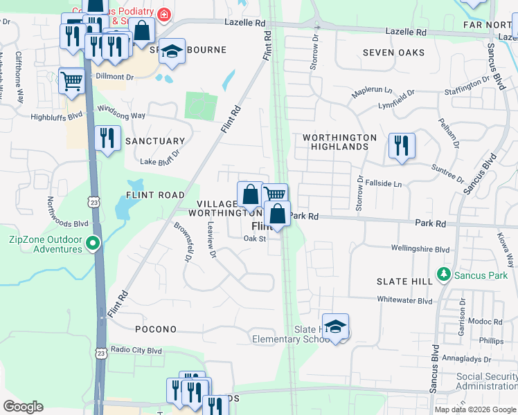 map of restaurants, bars, coffee shops, grocery stores, and more near 228 East Park Street in Westerville