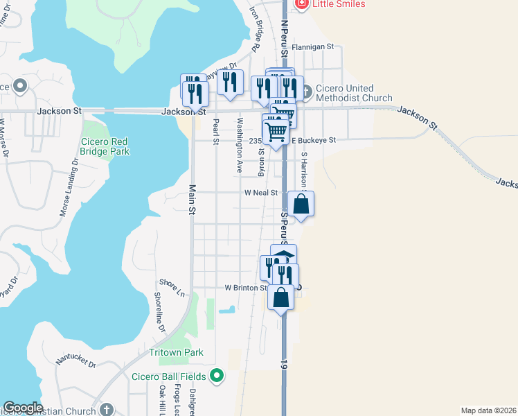 map of restaurants, bars, coffee shops, grocery stores, and more near 129 Brown Street in Cicero