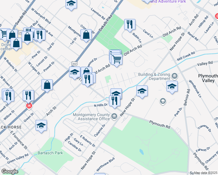 map of restaurants, bars, coffee shops, grocery stores, and more near 2100 Rahway Avenue in Norristown