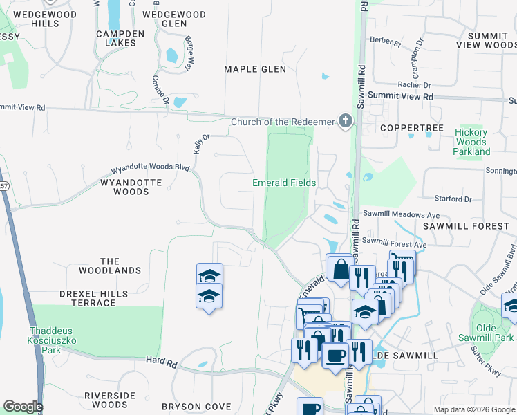 map of restaurants, bars, coffee shops, grocery stores, and more near 7550 Kelly Drive in Dublin