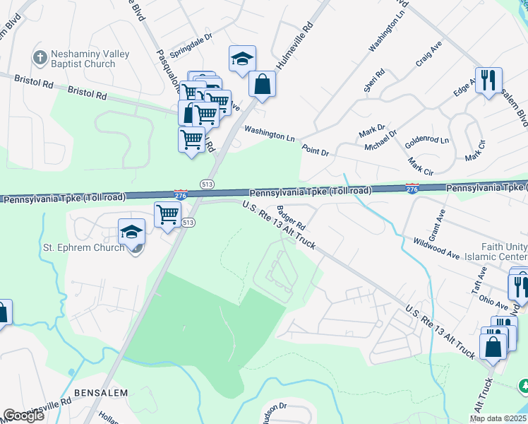 map of restaurants, bars, coffee shops, grocery stores, and more near 1790 Gibson Road in Bensalem