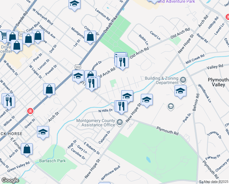 map of restaurants, bars, coffee shops, grocery stores, and more near 2100 Rahway Avenue in Norristown