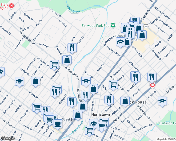 map of restaurants, bars, coffee shops, grocery stores, and more near 1314 Harding Boulevard in Norristown