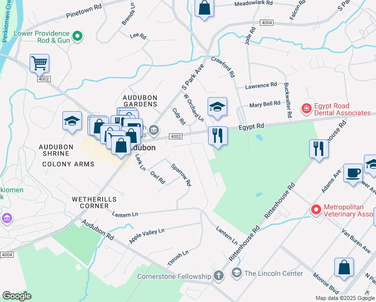 map of restaurants, bars, coffee shops, grocery stores, and more near 1013 Thrush Lane in Eagleville
