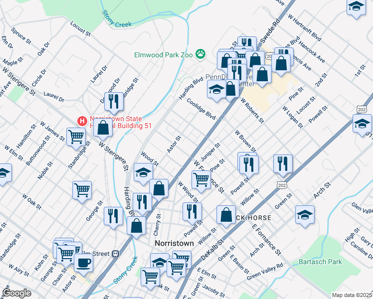 map of restaurants, bars, coffee shops, grocery stores, and more near 315 West Fornance Street in Norristown