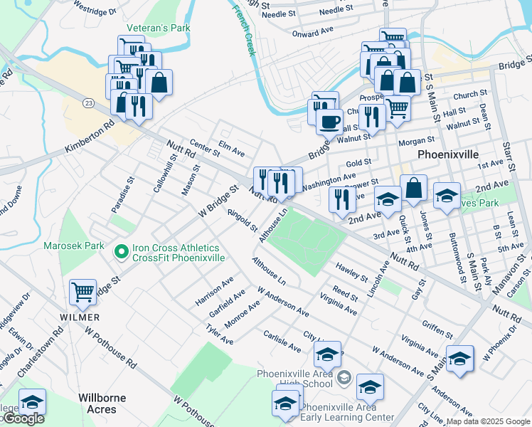 map of restaurants, bars, coffee shops, grocery stores, and more near 820 Maple Avenue in Phoenixville