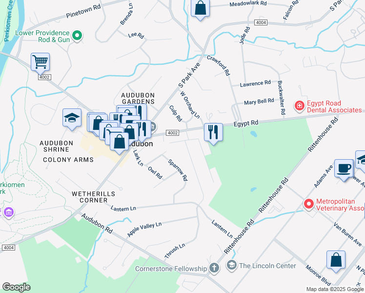 map of restaurants, bars, coffee shops, grocery stores, and more near 1013 Thrush Lane in Eagleville