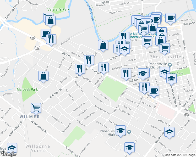 map of restaurants, bars, coffee shops, grocery stores, and more near 820 Maple Avenue in Phoenixville