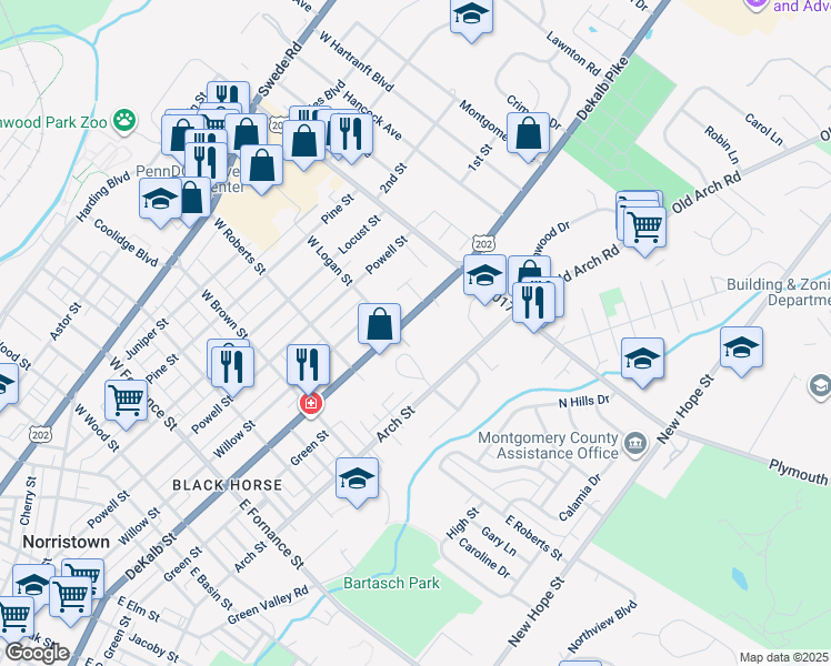 map of restaurants, bars, coffee shops, grocery stores, and more near 1800 DeKalb Street in Norristown