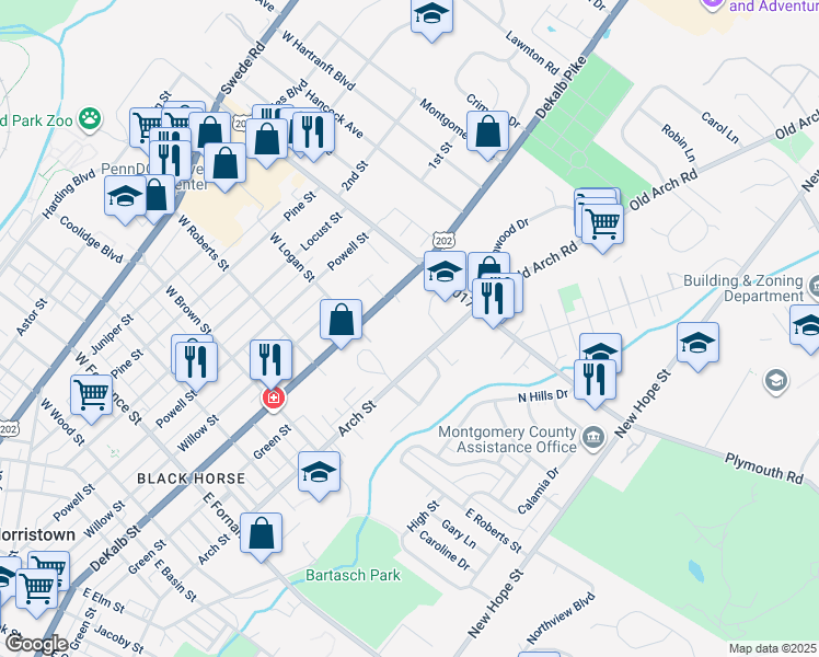 map of restaurants, bars, coffee shops, grocery stores, and more near 1820 DeKalb Street in Norristown