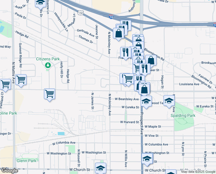 map of restaurants, bars, coffee shops, grocery stores, and more near 1208 Providence Circle in Champaign