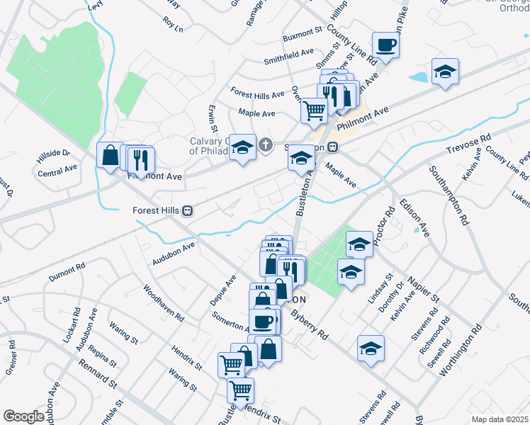 map of restaurants, bars, coffee shops, grocery stores, and more near 301 Byberry Road in Philadelphia