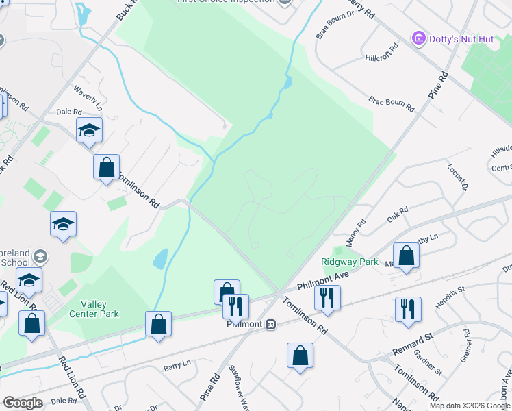 map of restaurants, bars, coffee shops, grocery stores, and more near 301 Tomlinson Road in Montgomery County