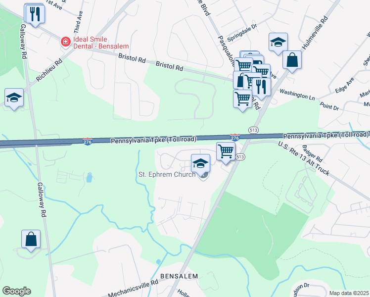 map of restaurants, bars, coffee shops, grocery stores, and more near 103 Liberty Drive in Bensalem