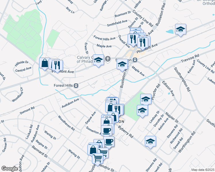 map of restaurants, bars, coffee shops, grocery stores, and more near 307 Laura Lane in Philadelphia