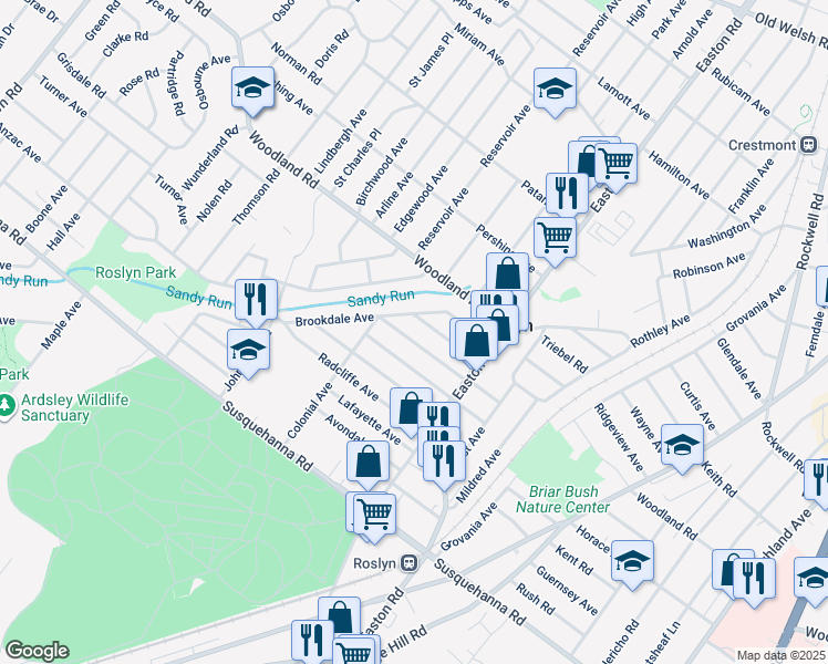 map of restaurants, bars, coffee shops, grocery stores, and more near 2459 Arlington Avenue in Abington