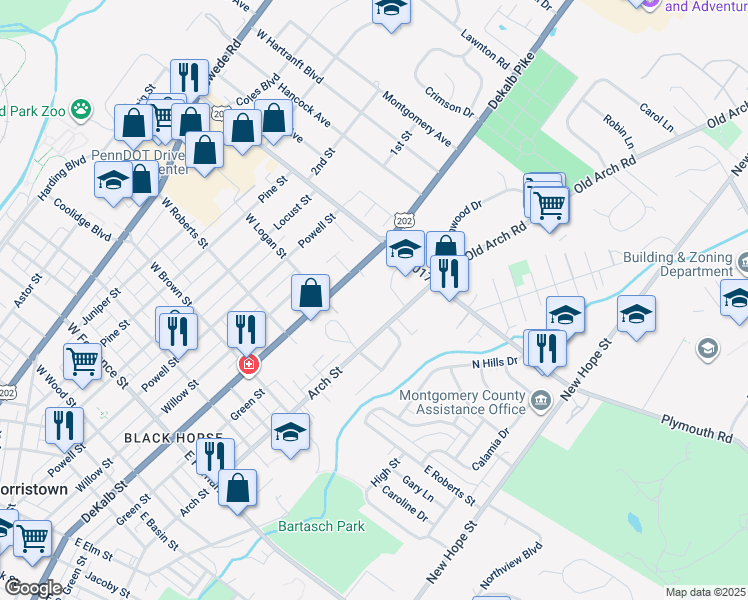 map of restaurants, bars, coffee shops, grocery stores, and more near 1820 DeKalb Street in Norristown