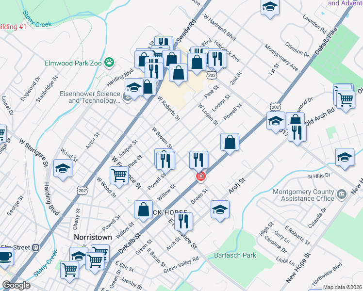 map of restaurants, bars, coffee shops, grocery stores, and more near 1636 Locust Street in Norristown
