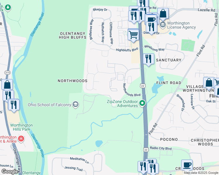 map of restaurants, bars, coffee shops, grocery stores, and more near in Columbus