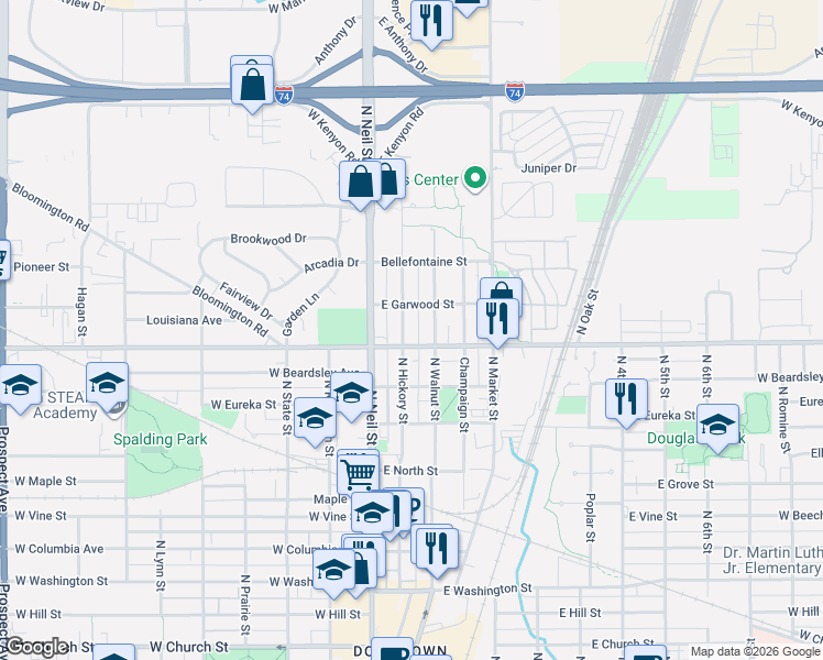 map of restaurants, bars, coffee shops, grocery stores, and more near 1208 North Hickory Street in Champaign