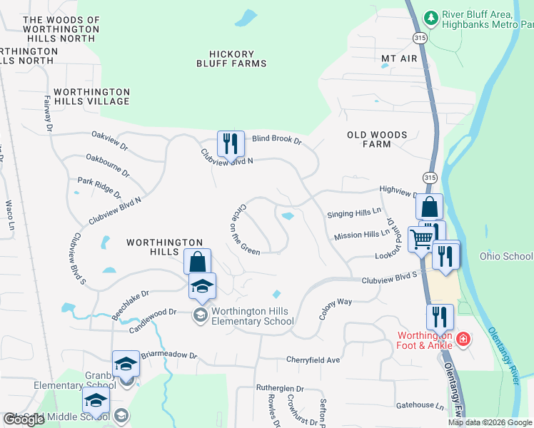 map of restaurants, bars, coffee shops, grocery stores, and more near 1011 Circle on the Green in Columbus