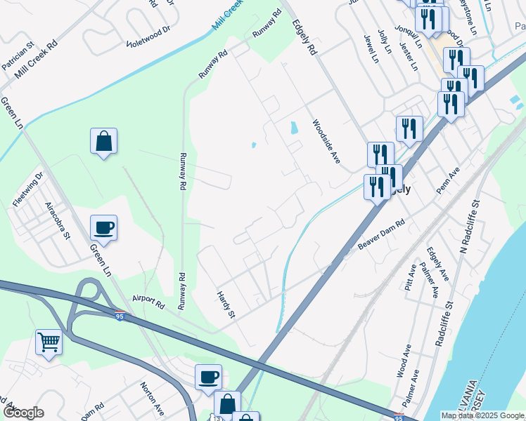 map of restaurants, bars, coffee shops, grocery stores, and more near 1802 Manning Boulevard in Levittown