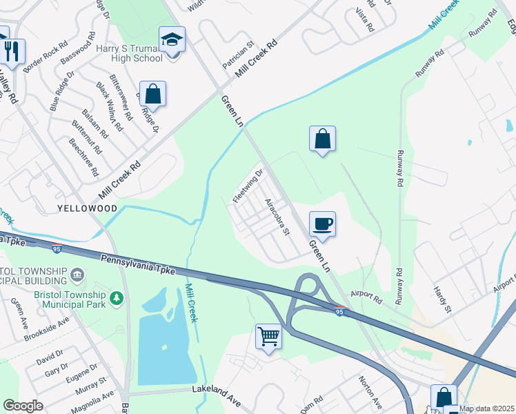 map of restaurants, bars, coffee shops, grocery stores, and more near 2406 Liberator Street in Levittown