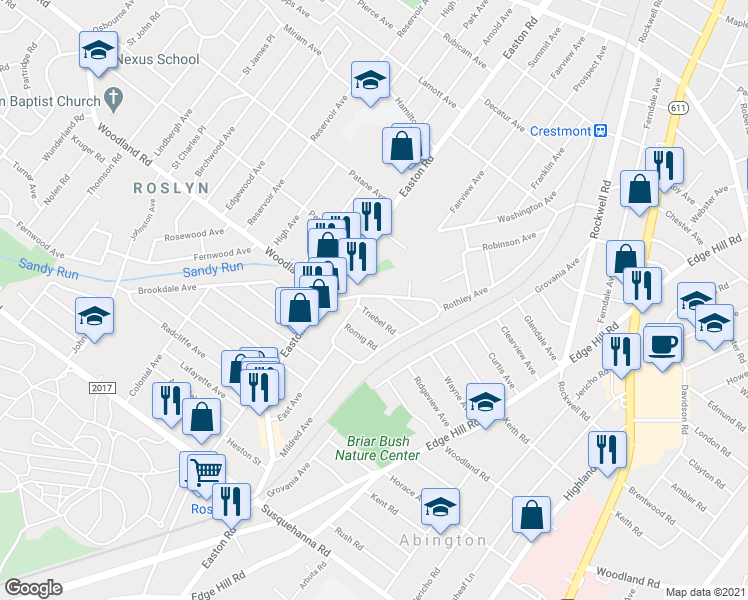 map of restaurants, bars, coffee shops, grocery stores, and more near 2310 Woodland Road in Abington