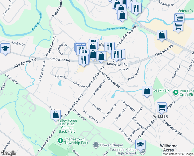 map of restaurants, bars, coffee shops, grocery stores, and more near 1206 Township Line Road in Phoenixville