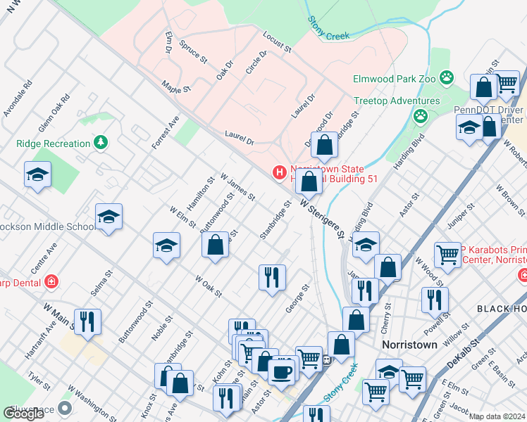 map of restaurants, bars, coffee shops, grocery stores, and more near 904 West James Street in Norristown