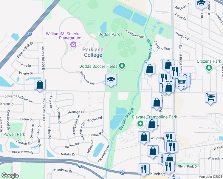 map of restaurants, bars, coffee shops, grocery stores, and more near 2400 West Bradley Avenue in Champaign