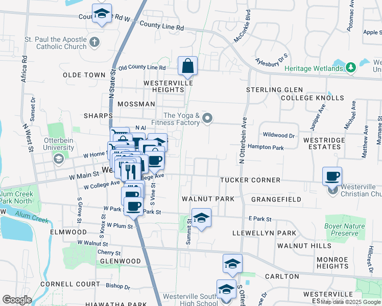 map of restaurants, bars, coffee shops, grocery stores, and more near 46 Israel St in Westerville