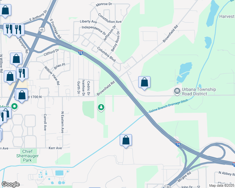 map of restaurants, bars, coffee shops, grocery stores, and more near 1902 East Perkins Road in Urbana