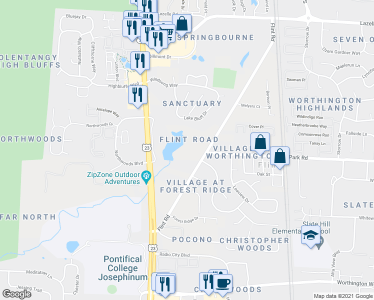 map of restaurants, bars, coffee shops, grocery stores, and more near 8015 Flint Road in Columbus