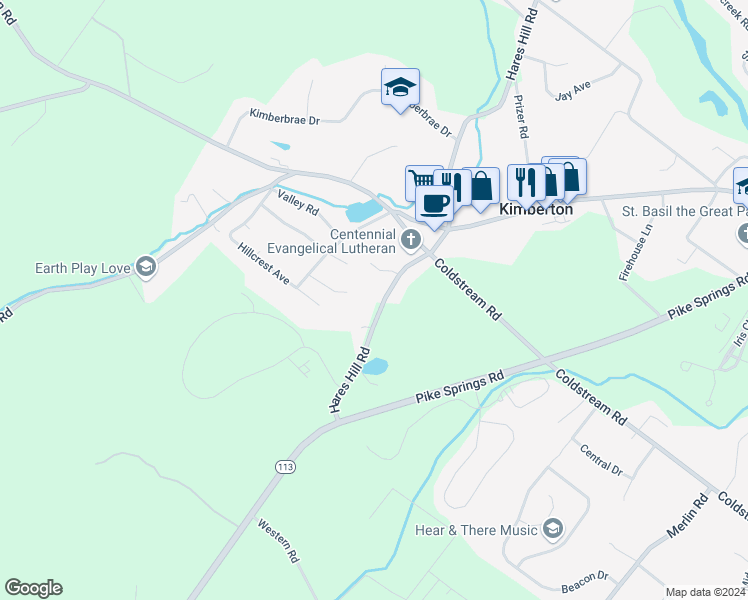 map of restaurants, bars, coffee shops, grocery stores, and more near 1203 Carriage Hill Drive in Phoenixville