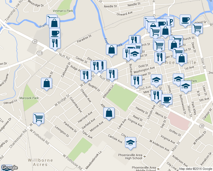 map of restaurants, bars, coffee shops, grocery stores, and more near 818 Maple Avenue in Phoenixville